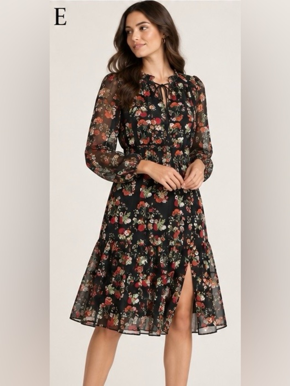 Lucy Paris Black Floral Midi Dress with Red & Green Accents